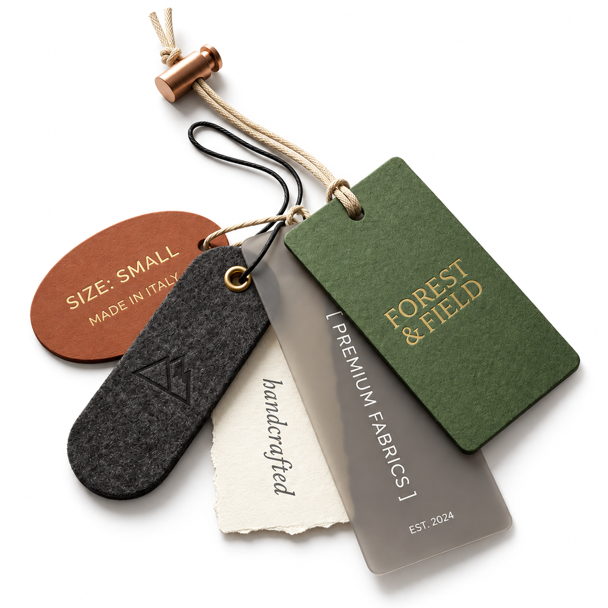Custom clothing hang tags styled with garments