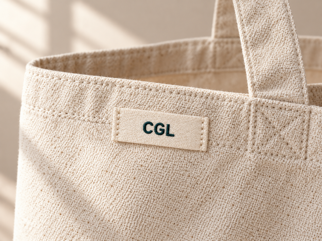Illustration of a CGL cotton label stitched to a natural canvas tote bag.