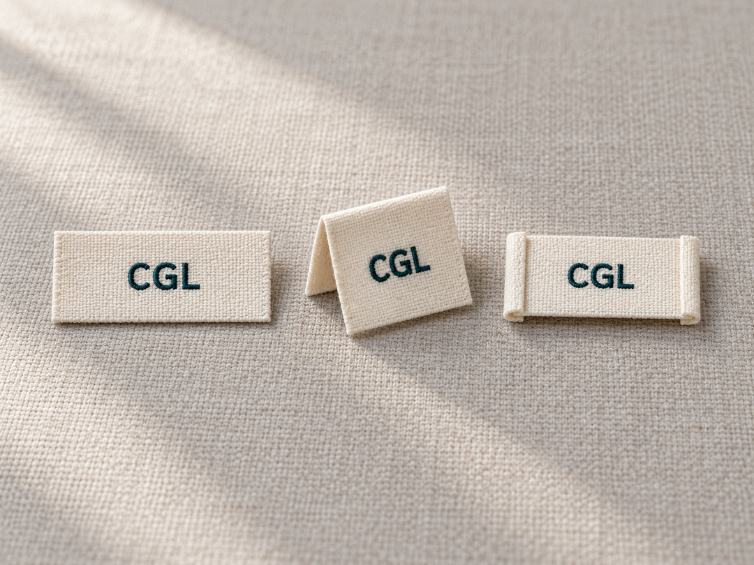 Illustration of straight-cut, center-fold and end-fold ivory cotton CGL labels.
