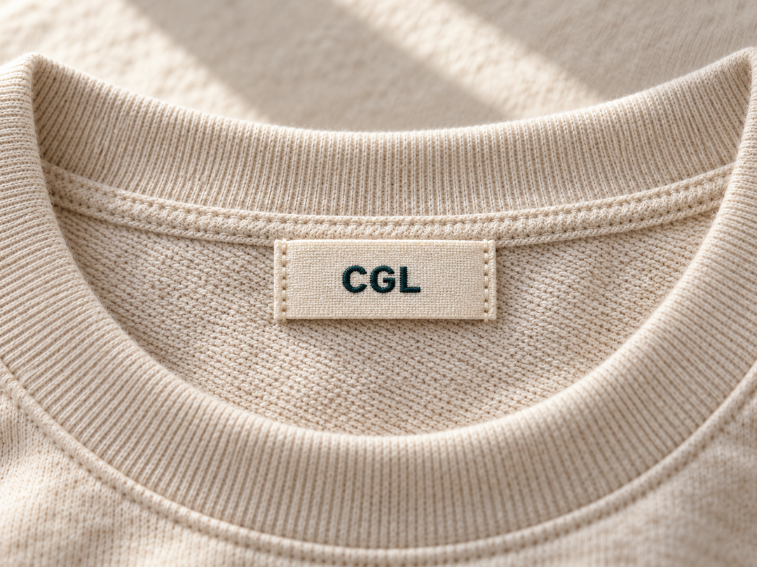 Illustration of a CGL cotton label sewn inside a cream sweatshirt neckline.