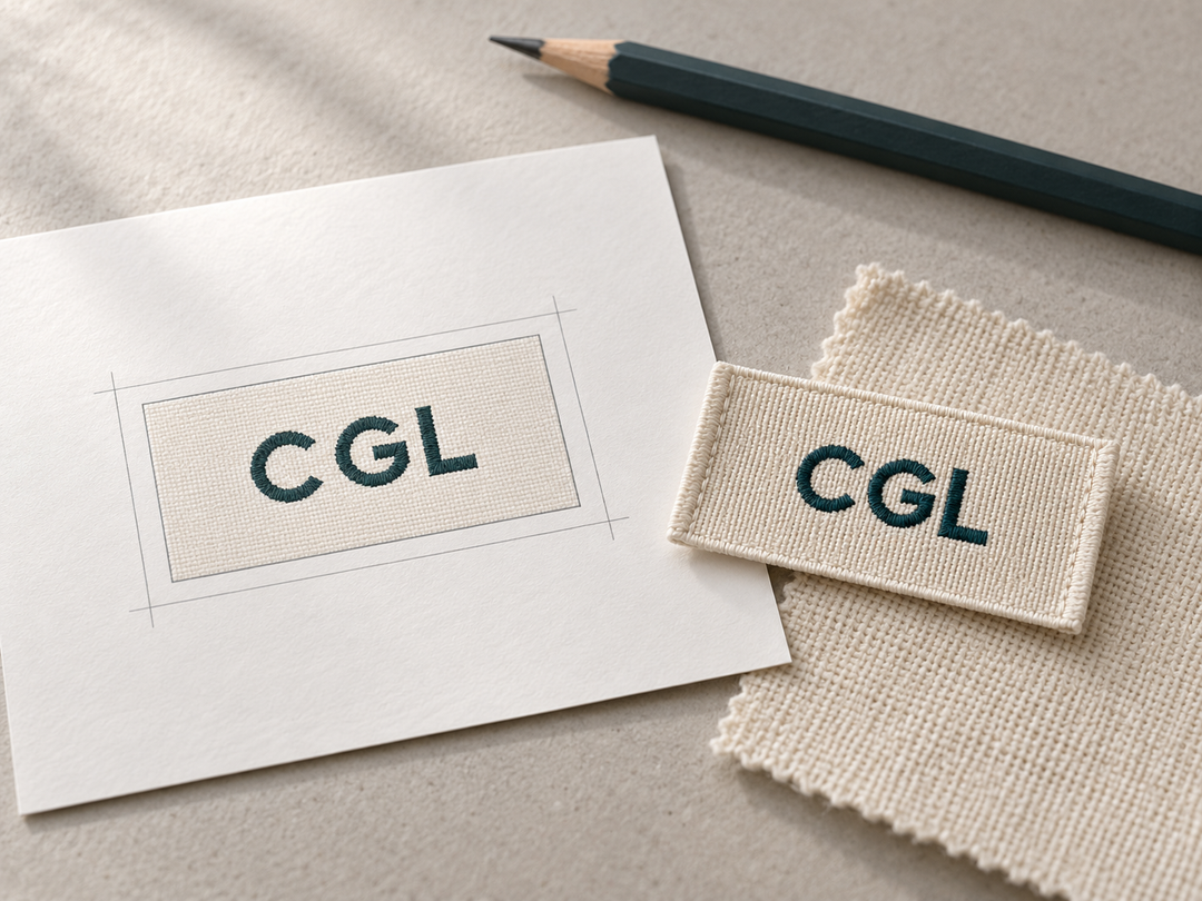 Illustration of a cotton CGL label artwork proof beside a matching woven label sample.
