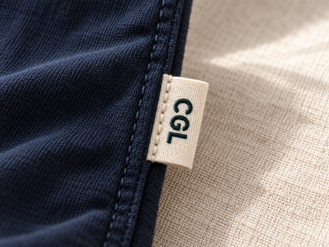 Illustration of a folded CGL cotton label emerging from a dark garment side seam.