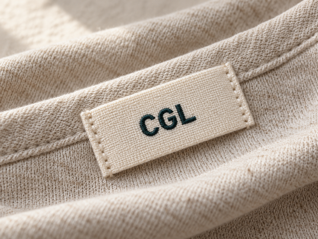 Illustration of an ivory cotton CGL label sewn onto an oatmeal garment, showing fabric texture and stitching.