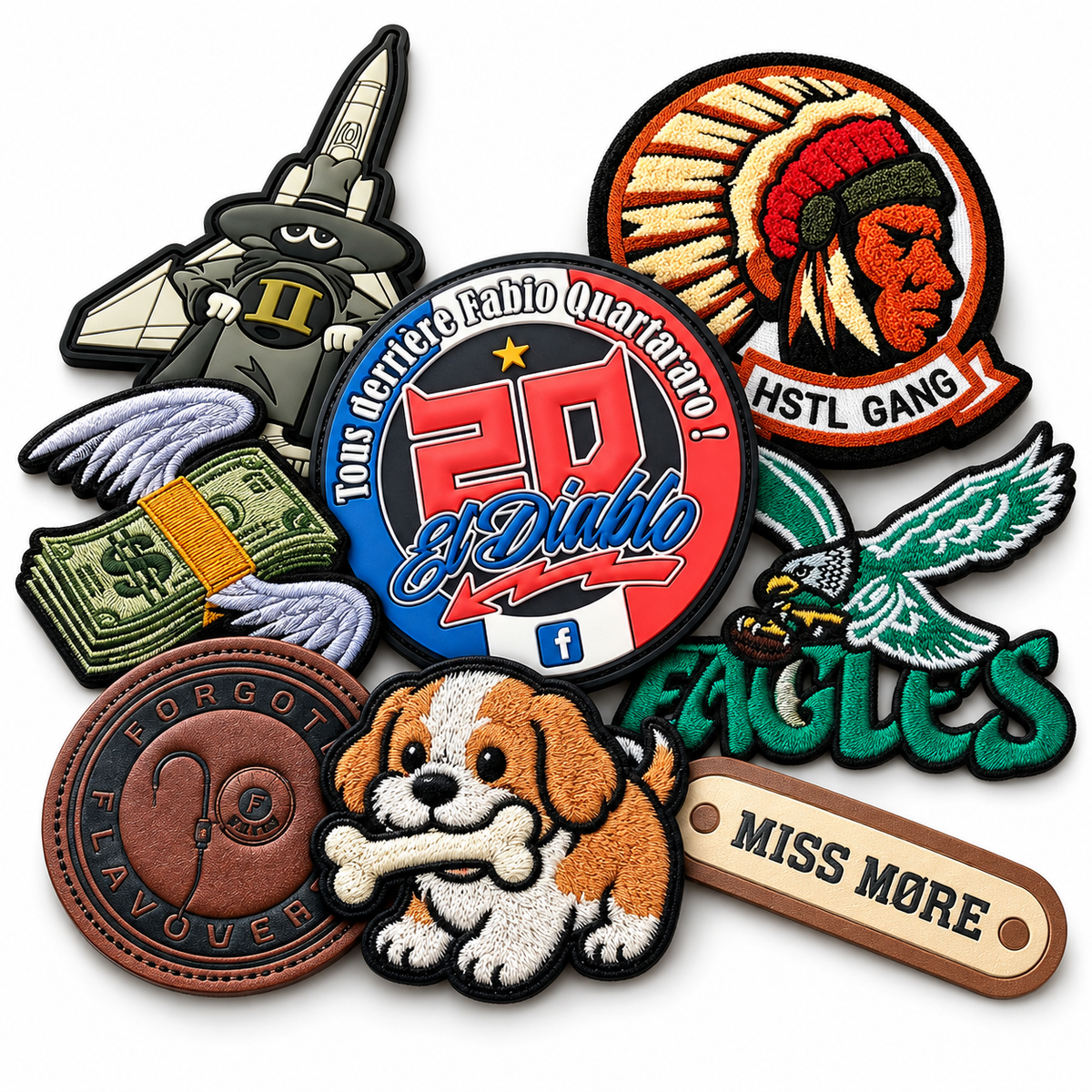 Selection of custom embroidered patches in different shapes and colors